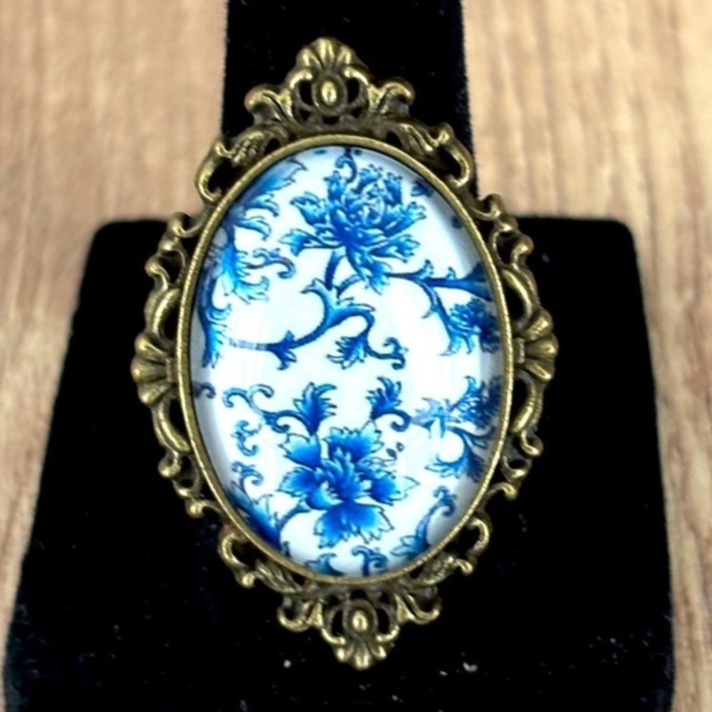 Blue and White Floral Print Victorian Style Adjustable Ring, Handmade, NWT